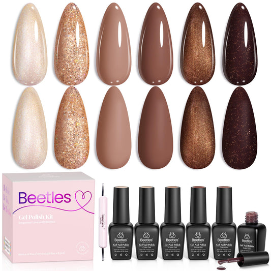 beetles front packaging showing six brown gel bottles and kit benefit: cohesive color set