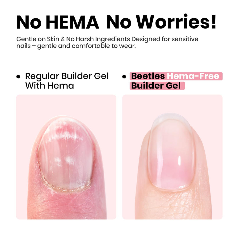 Beetles Gel clear builder gel bottle closeup showing brush and glossy formula for smooth overlays