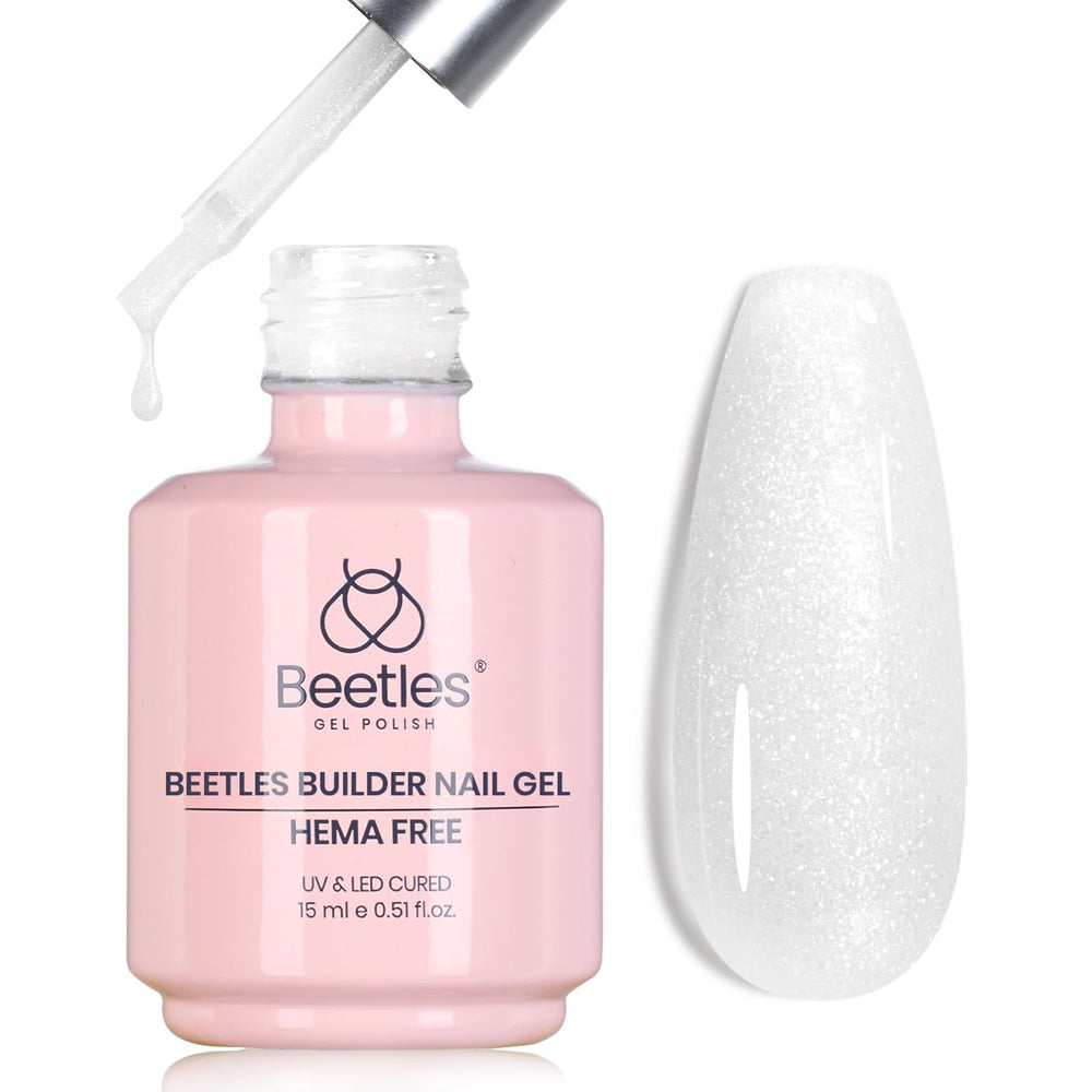 Beetles Builder Gel bottle front view showing label and glitter shade benefit