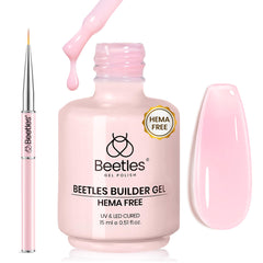 Beetles Gel Polish front bottle showing jelly pink label and cap, clear product identity and appeal
