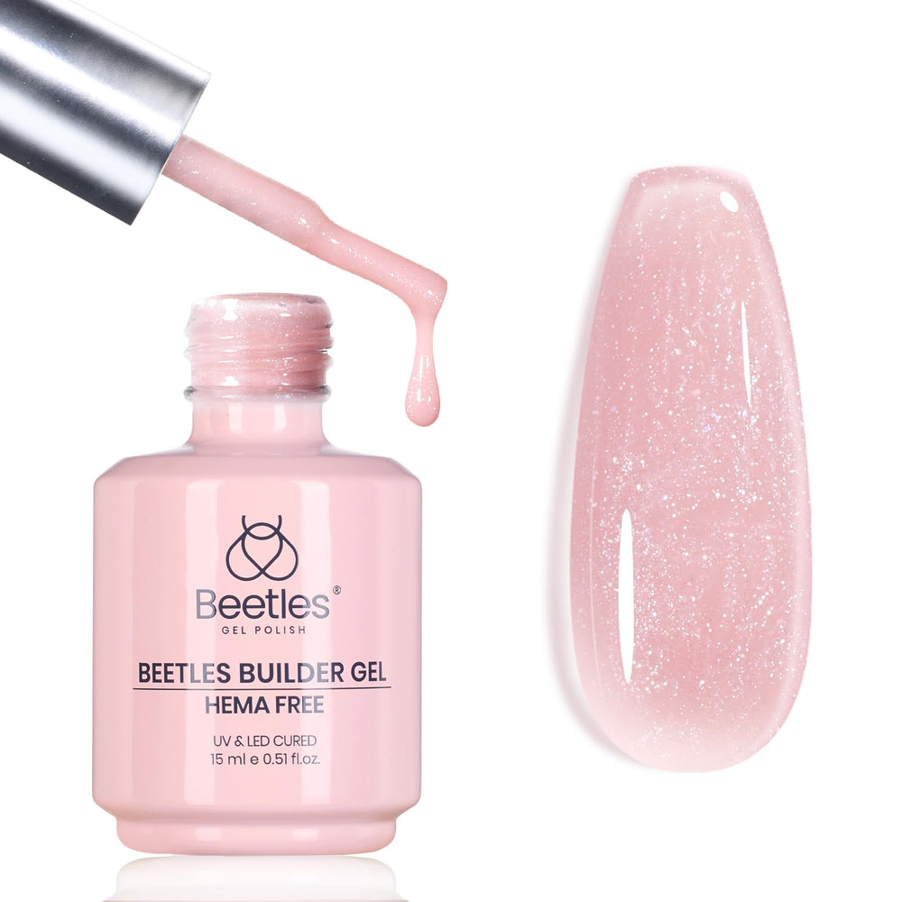 Beetles Builder Gel jar front view showing glitter pink shade and brand