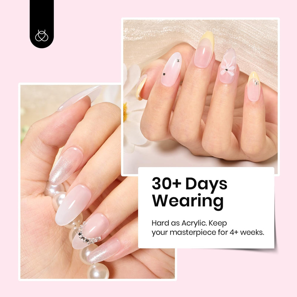 Beetles Builder Gel nude pink swatch on nail tip showing natural translucent finish