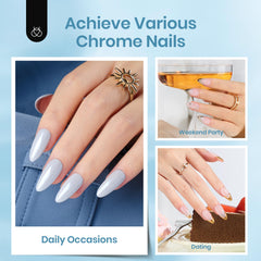 Beetles Gel Polishing applied on model hand demonstrating chrome shine and instant visual impact benefit