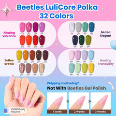 beetles close up gel bottle label showing LuliCore polka formula benefit: professional pigmentation