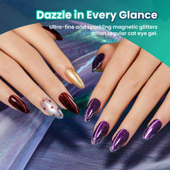 beetles closeup of cat eye stripe on nail, highlights chameleon shimmer and reflective finish