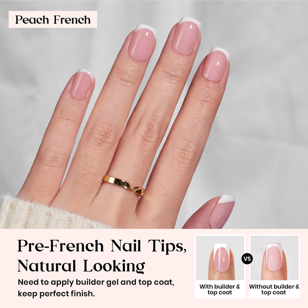Beetles Gel Polish close-up of peach French tip detail highlighting neat finish