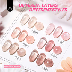 Beetles color swatch fan displaying translucent nude and pink jelly shades