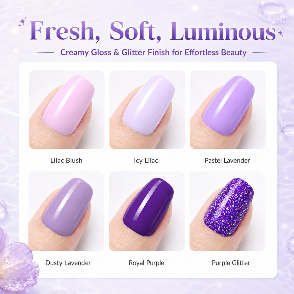 beetles swatch row of six purple shades demonstrating color range and coordination