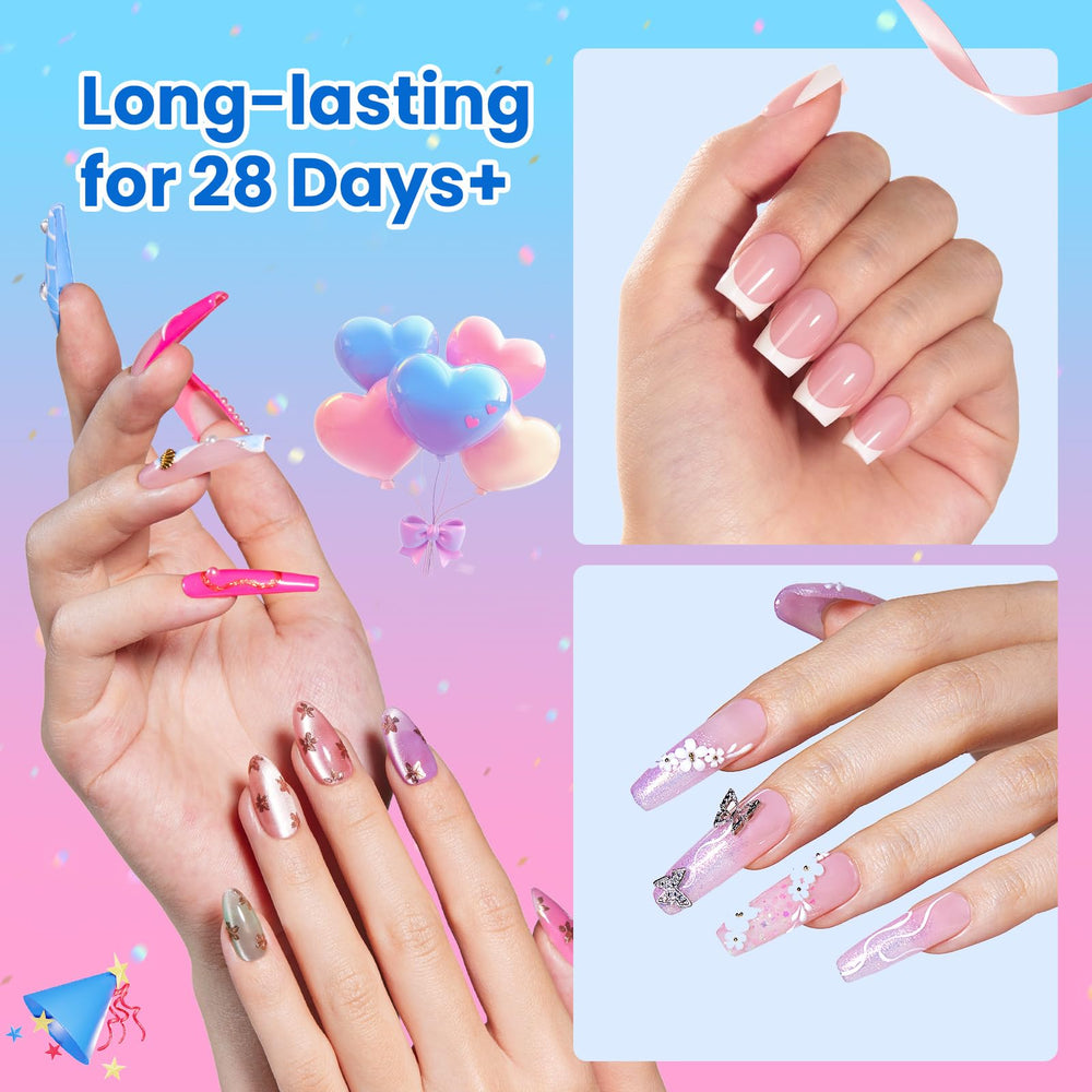Beetles cured press-on nails under LED lamp showing glossy no-wipe finish and durability