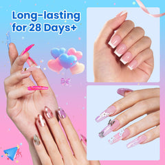 Beetles cured press-on nails under LED lamp showing glossy no-wipe finish and durability