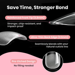 Beetles Curve-EX almond tip next to natural nail showing realistic scale and fit