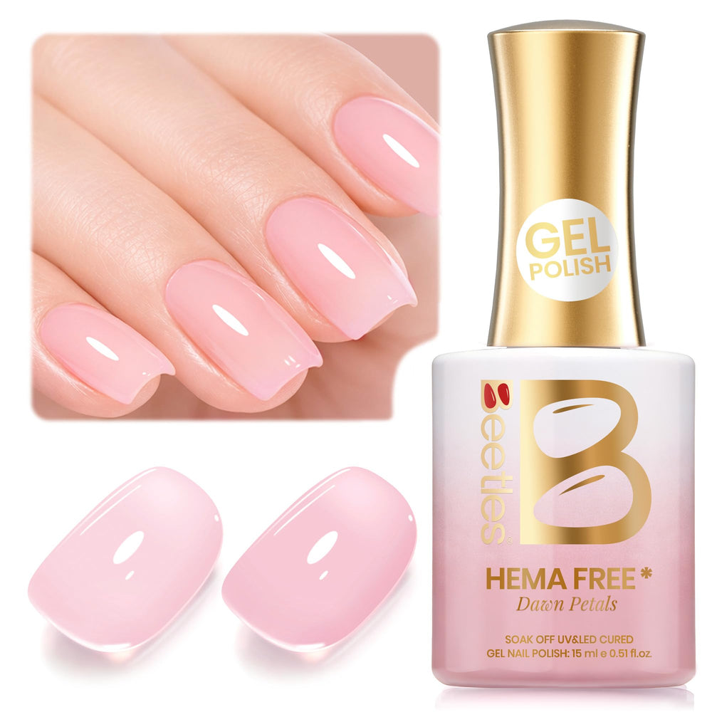 Beetles bottle front view showing Dawn Petals nude pink for clean presentation
