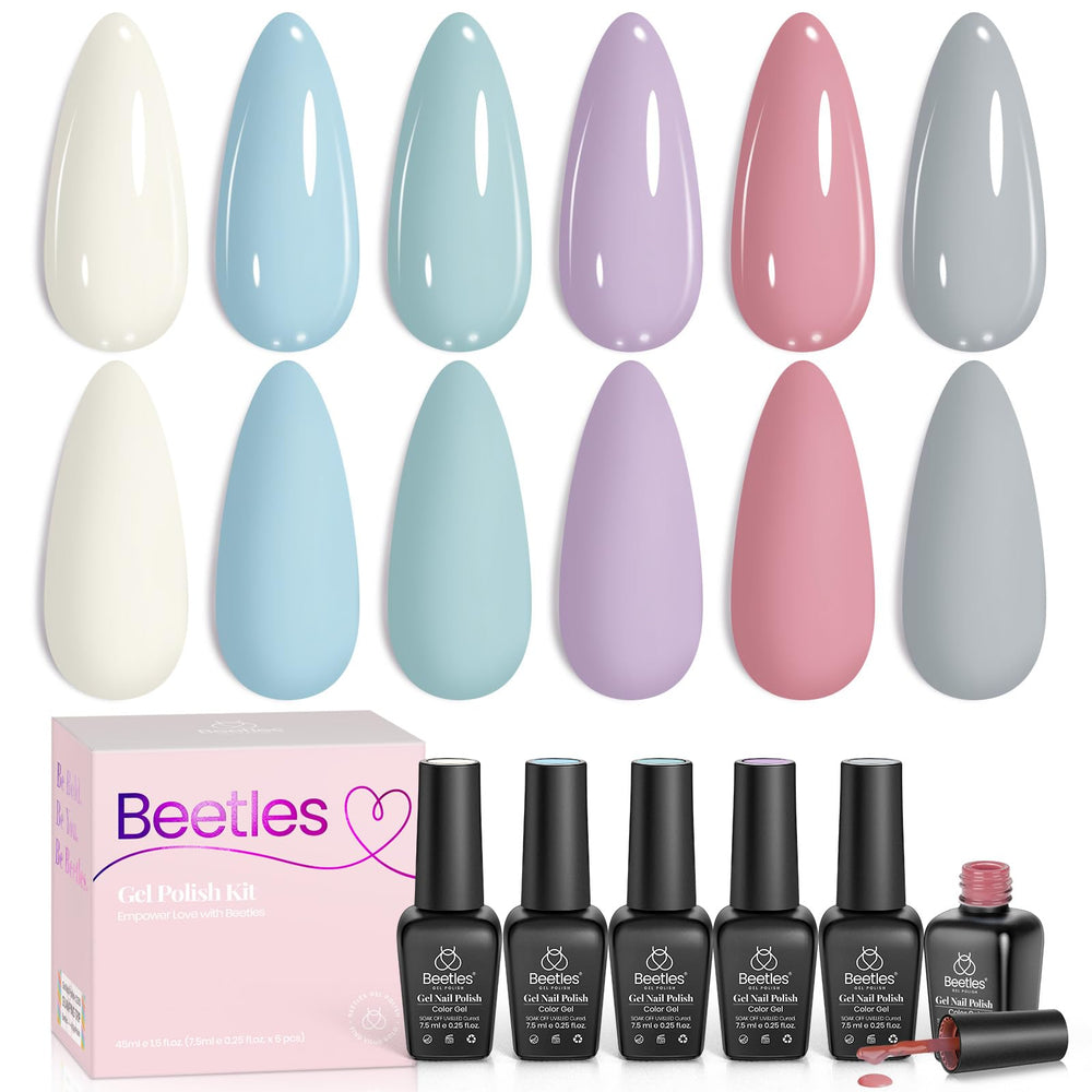 Beetles front packaging showing six pastel Morandi gel polishes, easy color selection
