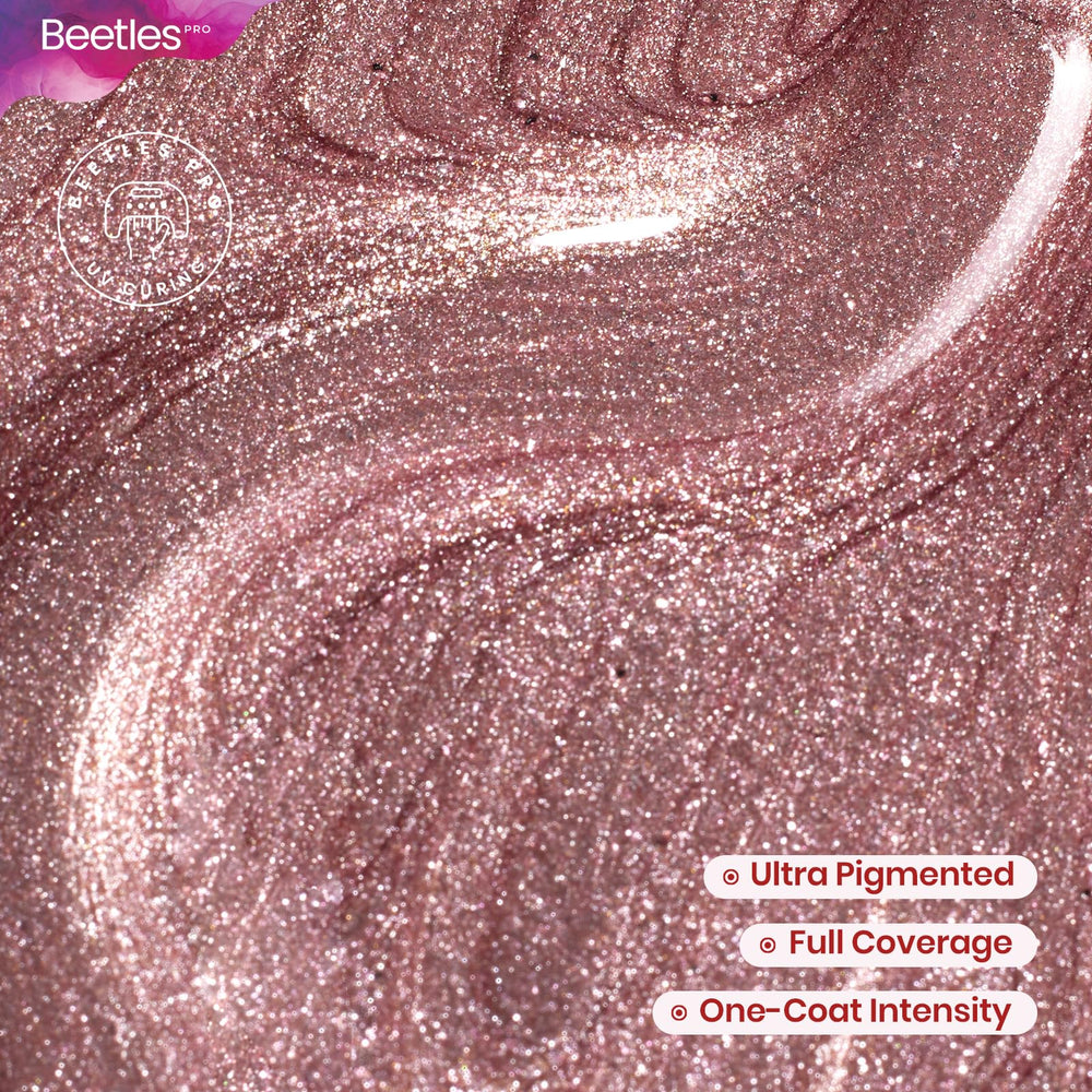 Beetles Gel Polish glitter close-up revealing rose gold shimmer and high pigment