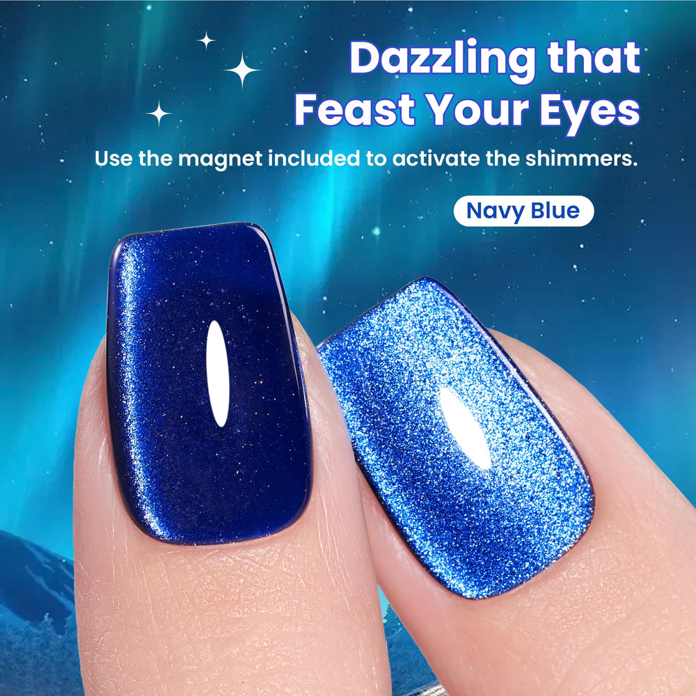 beetles swatch on finger highlighting navy cat-eye effect and glossy finish