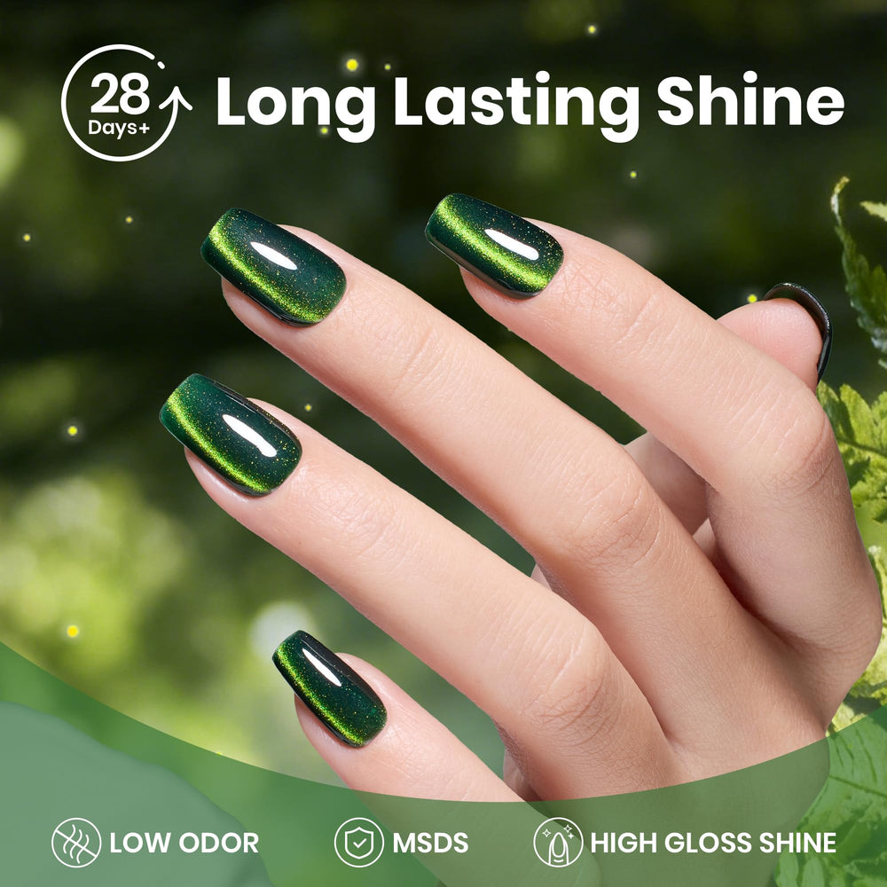 beetles magnet held above nail, showing green cat-eye streak forming for dramatic shimmer