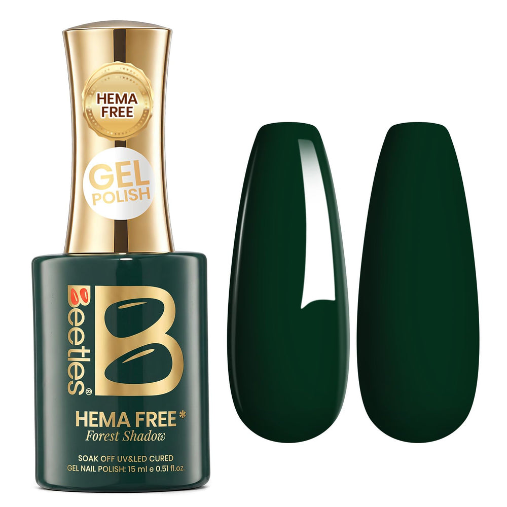 Beetles bottle front view showing Forest Shadow deep green and glossy finish
