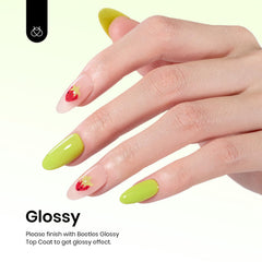 Beetles nail swatches showing finished neon lime results and durable shine benefit