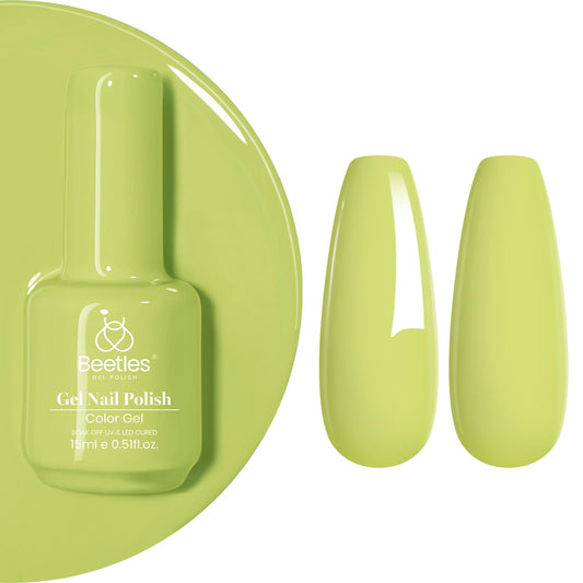 Beetles bottle front view showing Fresh Pistachio green polish and 15ml capacity benefit