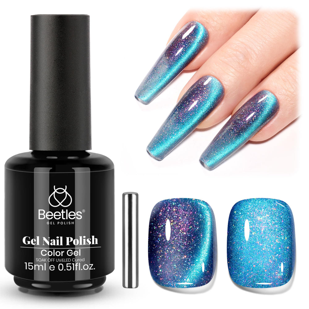 Beetles bottle front view showing chameleon blue shimmer for salon-grade results