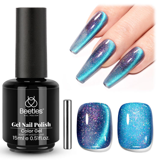 Beetles bottle front view showing chameleon blue shimmer for salon-grade results