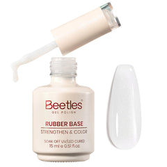 Beetles bottle front view showing milky white rubber base and shimmer benefit