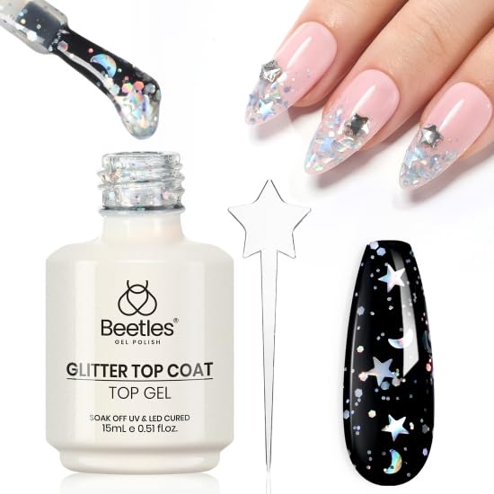 beetles front bottle showing silver glitter top coat and clear label benefit