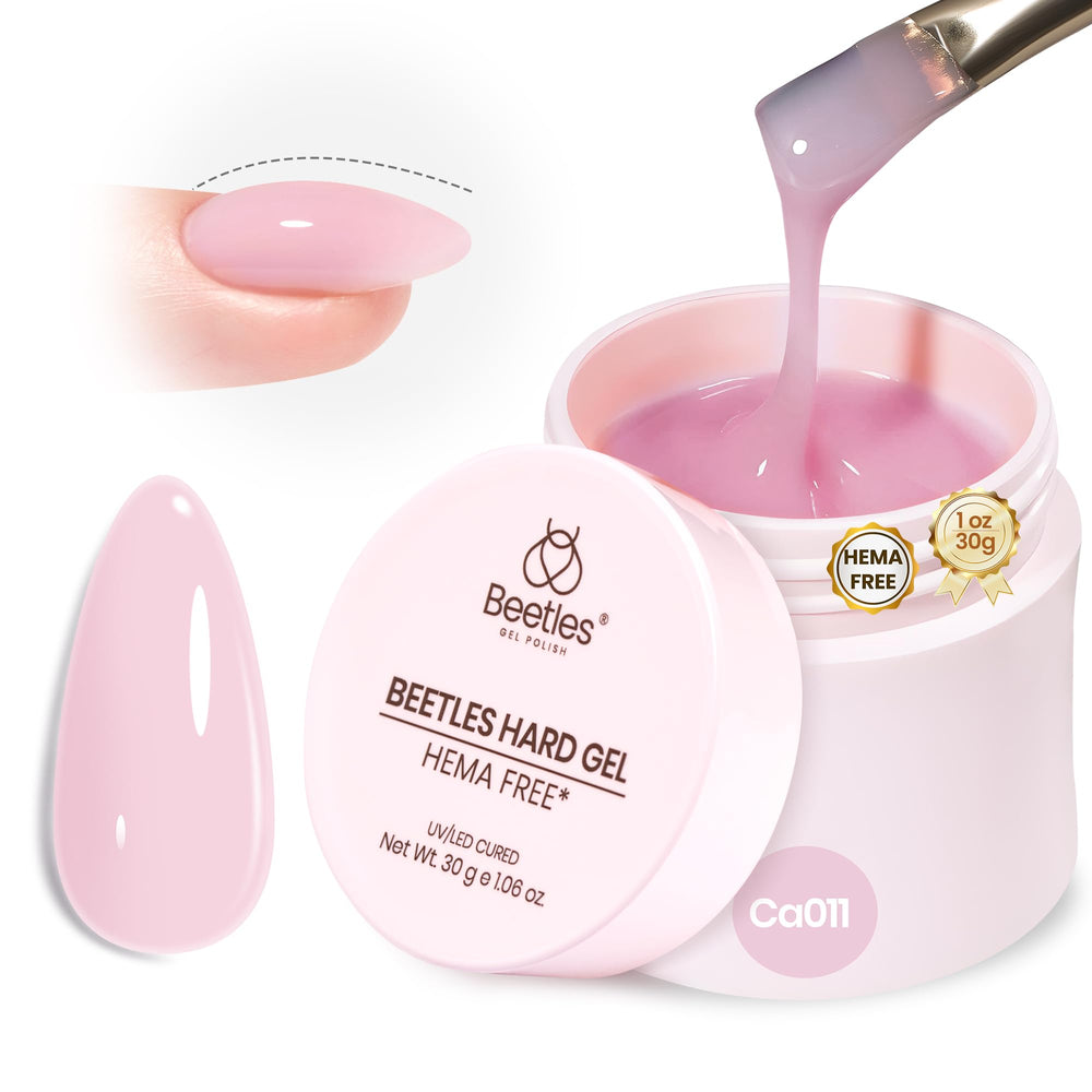 Beetles front jar of pink HEMA-free builder gel showing packaging and title benefits