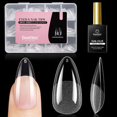 Beetles Gel Polish front packaging showing almond medium kit and glue, easy-at-home manicure benefit