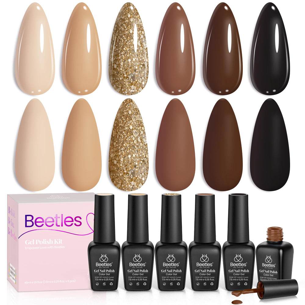 Beetles front packaging showing six brown gel polish bottles and set benefit