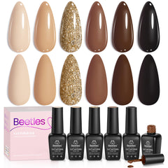 Beetles front packaging showing six brown gel polish bottles and set benefit