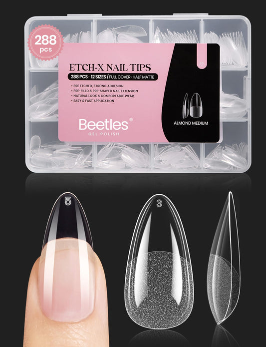Beetles clear almond tips front packaging showing full set and benefits