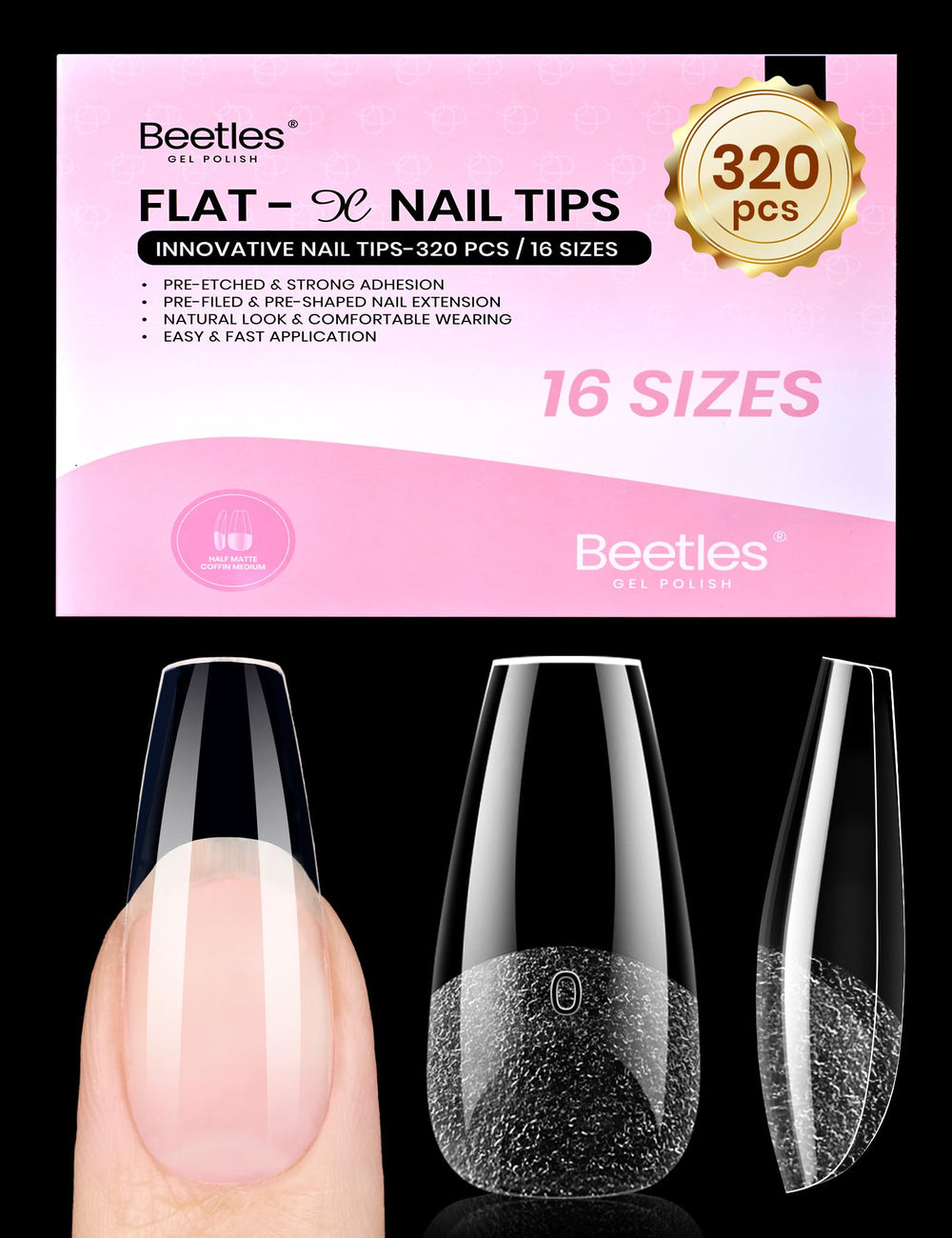 Beetles Gel Polish front packaging showing coffin medium tips and quantity benefit quick selection
