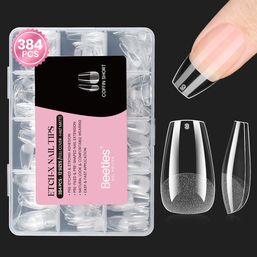 Beetles brand front packaging showing coffin short full-cover set and clear benefits