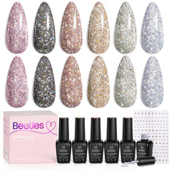 Beetles Gel Polish front packaging showing six reflective bottles and stickers for instant glam
