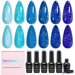 Beetles bottle front packaging showing glacier blue set and vibrant finish benefit