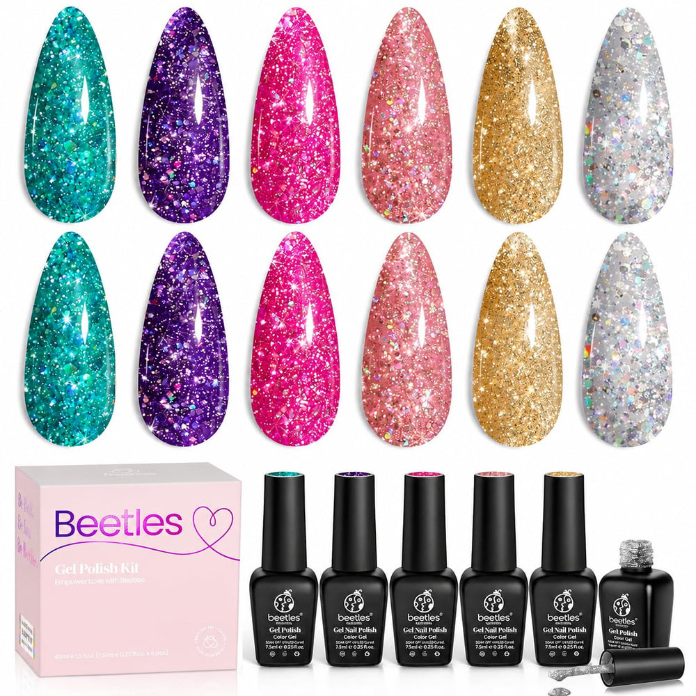 Beetles front packaging showing six glitter gel polish bottles and kit branding for gifting