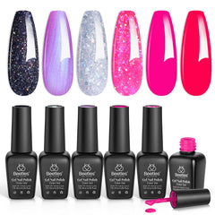 beetles Gel Polish front packaging showing six hot pink glitter bottles and gift-ready appeal