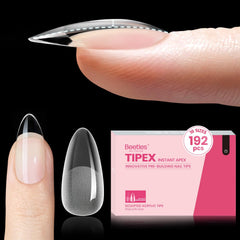 beetles gel polish front packaging showing 192 medium almond tips and contents benefit clarity
