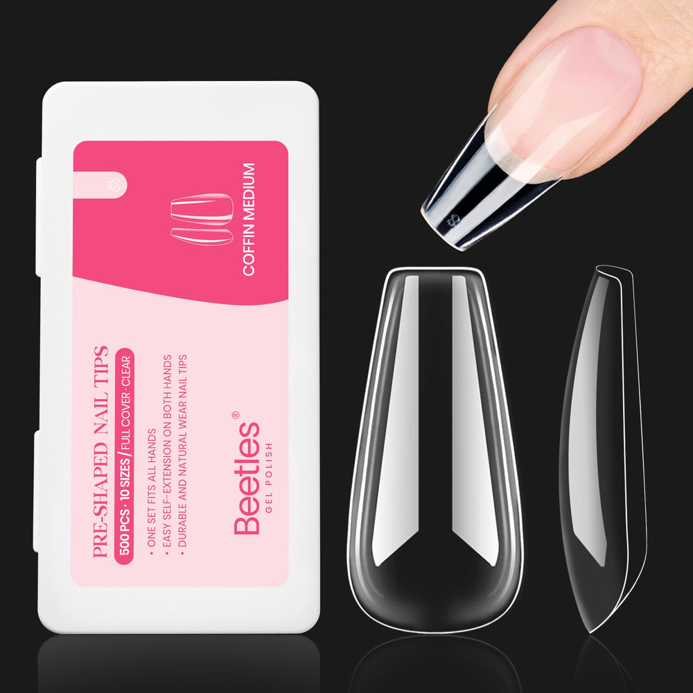 Beetles Gel Polish front packaging showing 500 medium coffin tips, high quantity benefit