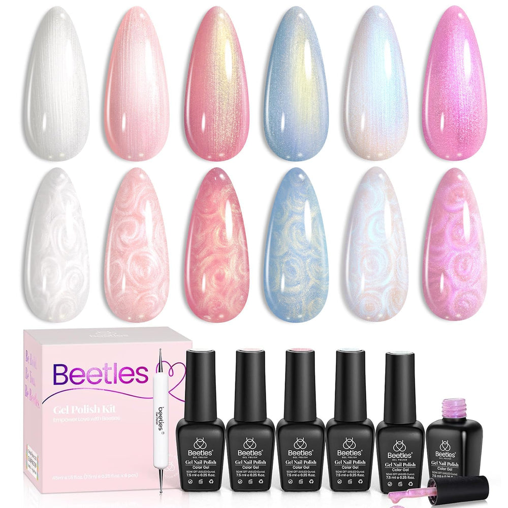 Beetles front packaging of mermaid gel set showing six bottles and benefits