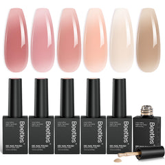 beetles front packaging showing six nude gel bottles and set benefit of color variety