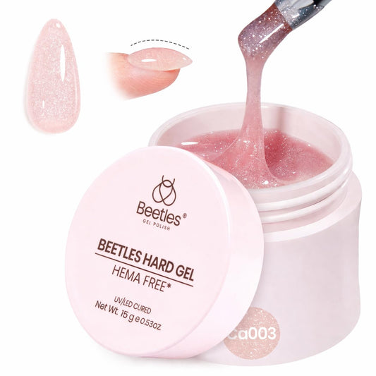 Beetles front packaging showing pink glitter gel and product name, clear labeling benefit