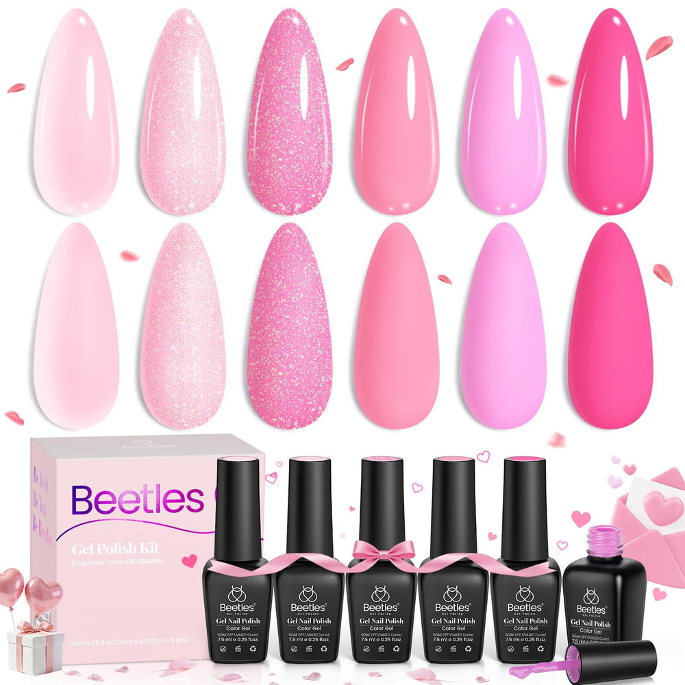 beetles front packaging pink set showing six mini bottles, clear organization and variety