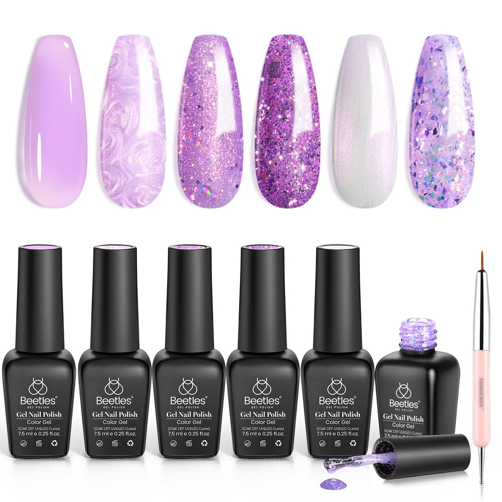 beetles front packaging showing six purple gel bottles and brush, highlighting variety