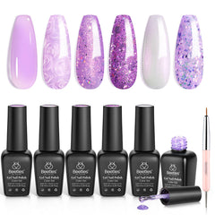 beetles front packaging showing six purple gel bottles and brush, highlighting variety