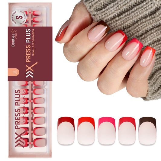 beetles front packaging showing 160-piece red french tip set and easy storage benefit