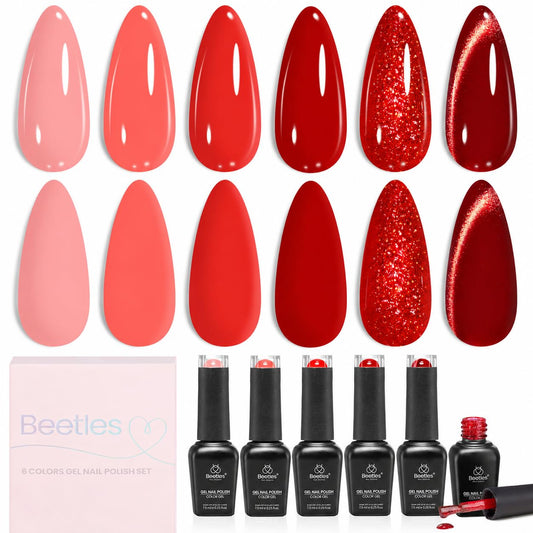 Beetles front packaging showing six neon red and pink gel bottles, great for gifting