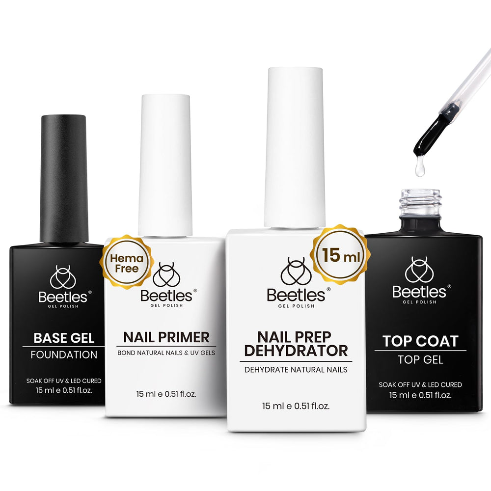 Beetles front packaging of 4-piece gel prep kit showing contents and benefits