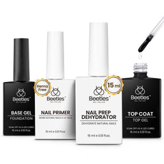 Beetles front packaging of 4-piece gel prep kit showing contents and benefits